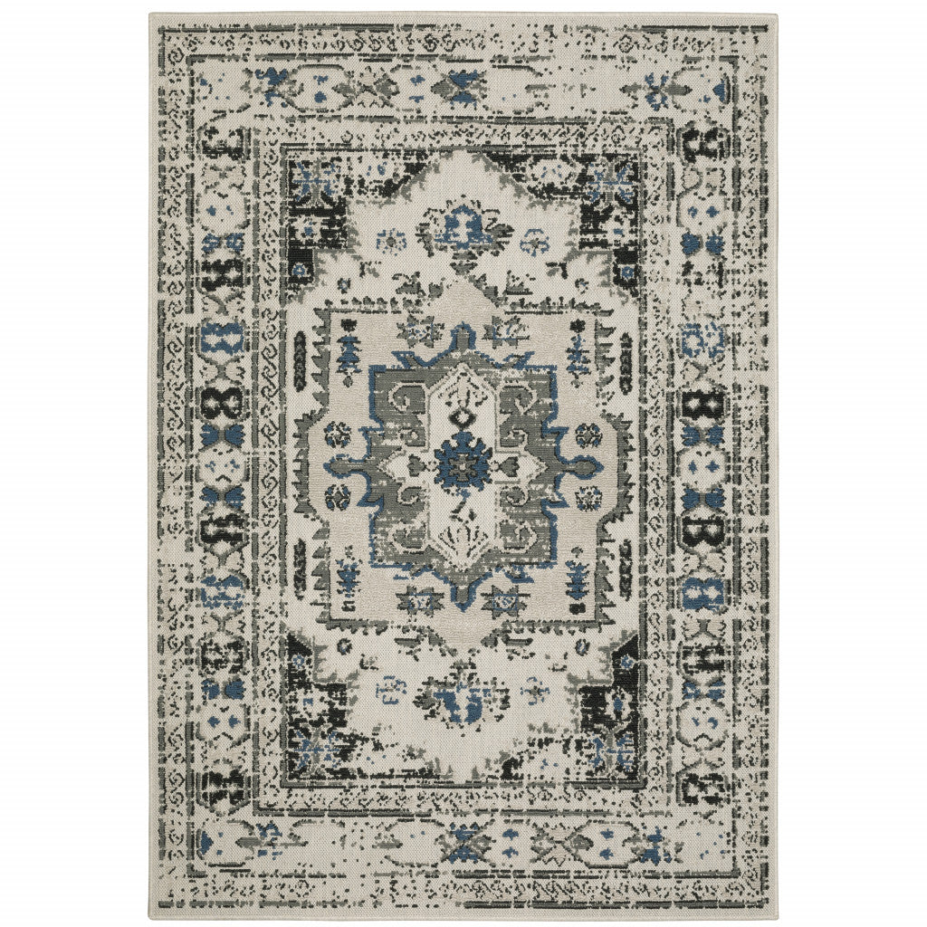 8' X 10' Blue and Beige Oriental Stain Resistant Indoor Outdoor Area Rug - 0" (L) x 120" (W) x 94" (H)