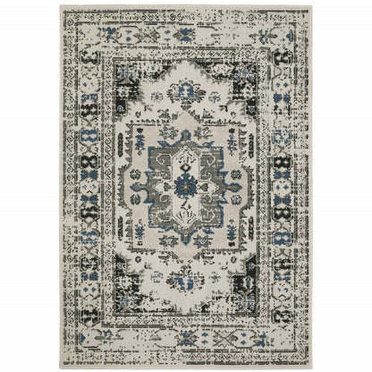 8' X 10' Blue and Beige Oriental Stain Resistant Indoor Outdoor Area Rug - 0" (L) x 120" (W) x 94" (H)