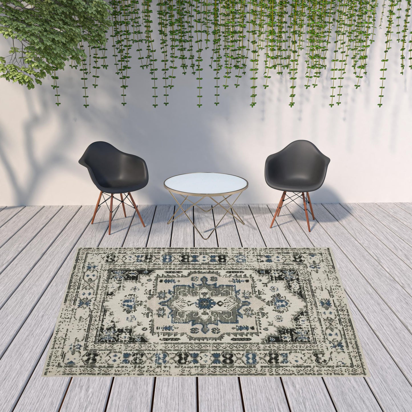 8' X 10' Blue and Beige Oriental Stain Resistant Indoor Outdoor Area Rug - 0" (L) x 120" (W) x 94" (H)