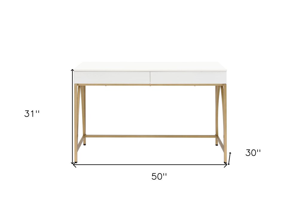 50" White And Gold Wood and Steel Vanity Table With Two Drawers HomeRoots