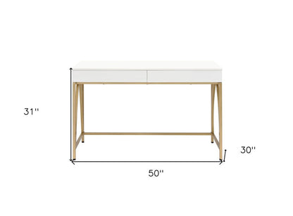 50" White And Gold Wood and Steel Vanity Table With Two Drawers HomeRoots