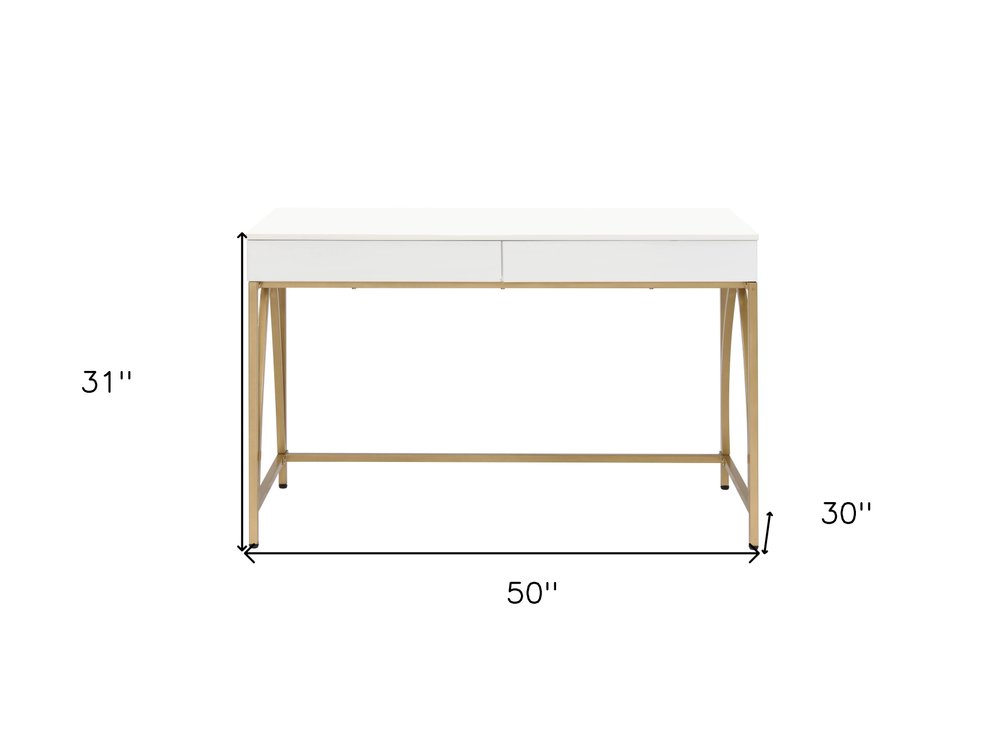 50" White And Gold Wood and Steel Vanity Table With Two Drawers HomeRoots