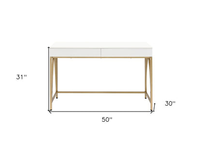 50" White And Gold Wood and Steel Vanity Table With Two Drawers HomeRoots