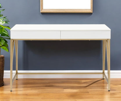 50" White And Gold Wood and Steel Vanity Table With Two Drawers HomeRoots