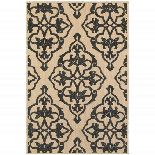 5' x 8' Beige and Black Medallion Stain Resistant Indoor Outdoor Area Rug