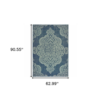 5' x 8' Blue Oriental Stain Resistant Indoor Outdoor Area Rug