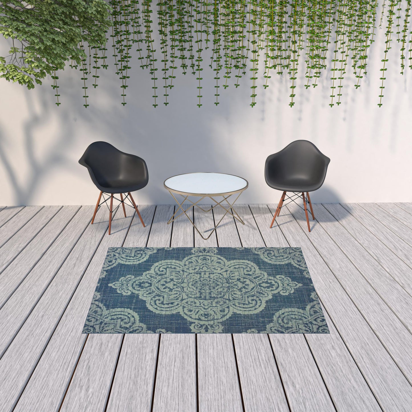 5' x 8' Blue Oriental Stain Resistant Indoor Outdoor Area Rug