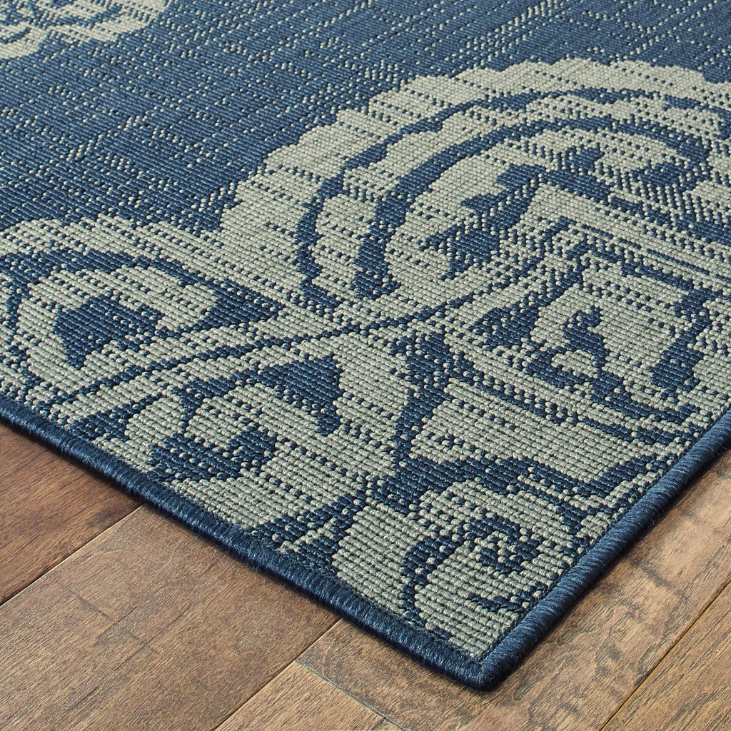 9' X 13' Blue Oriental Stain Resistant Indoor Outdoor Area Rug