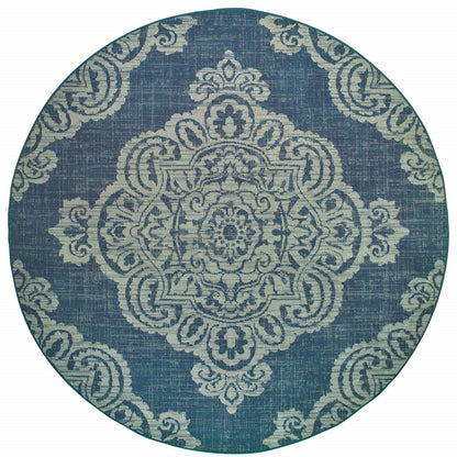 8' x 8' Blue Round Oriental Stain Resistant Indoor Outdoor Area Rug