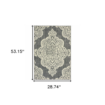 2' X 4' Gray and Ivory Oriental Stain Resistant Indoor Outdoor Area Rug