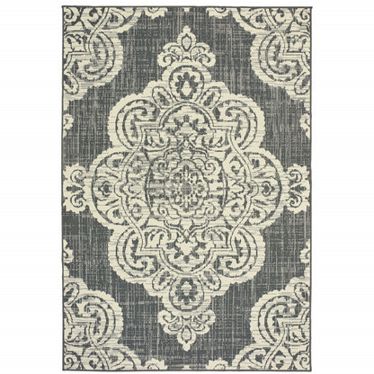 8' X 11' Gray and Ivory Oriental Stain Resistant Indoor Outdoor Area Rug