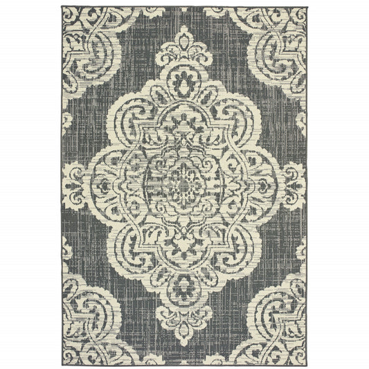 8' x 11' Gray and Ivory Oriental Stain Resistant Indoor Outdoor Area Rug
