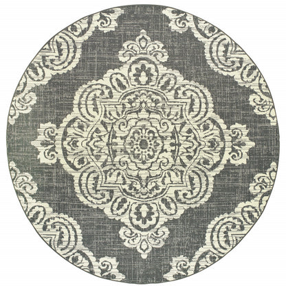 8' X 8' Gray and Ivory Round Oriental Stain Resistant Indoor Outdoor Area Rug - 0" (L) x 94" (W) x 94" (H)