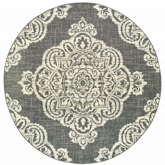 8' X 8' Gray and Ivory Round Oriental Stain Resistant Indoor Outdoor Area Rug - 0" (L) x 94" (W) x 94" (H)