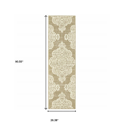 2' X 8' Tan Oriental Stain Resistant Indoor Outdoor Area Rug