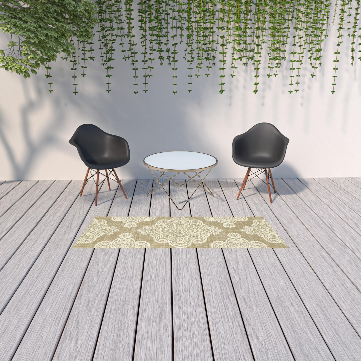 2' X 8' Tan Oriental Stain Resistant Indoor Outdoor Area Rug