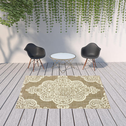 7' x 10' Tan Oriental Stain Resistant Indoor Outdoor Area Rug