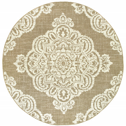 8' X 8' Tan Round Oriental Stain Resistant Indoor Outdoor Area Rug - 0" (L) x 94" (W) x 94" (H)