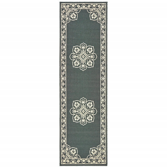 2' X 8' Gray and Ivory Oriental Stain Resistant Indoor Outdoor Area Rug