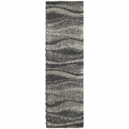 8' Black and Gray Abstract Shag Power Loom Runner Rug