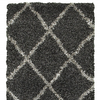 2' X 8' Charcoal And Grey Geometric Shag Power Loom Stain Resistant Runner Rug