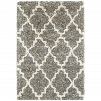 2' X 3' Grey And Ivory Geometric Shag Power Loom Stain Resistant Area Rug