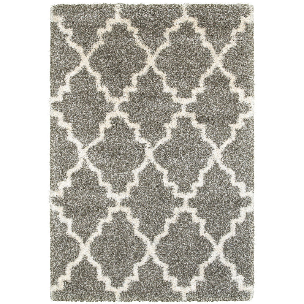 6' X 9' Grey And Ivory Geometric Shag Power Loom Stain Resistant Area Rug