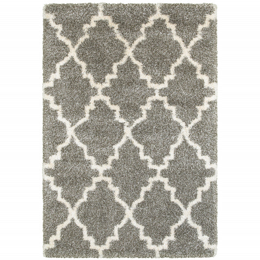 8' X 11' Grey And Ivory Geometric Shag Power Loom Stain Resistant Area Rug