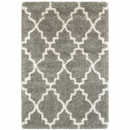 10' X 13' Grey And Ivory Geometric Shag Power Loom Stain Resistant Area Rug