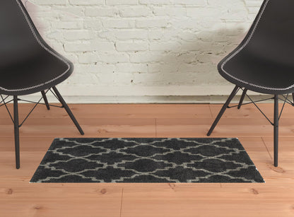 2' X 3' Charcoal And Grey Geometric Shag Power Loom Stain Resistant Area Rug