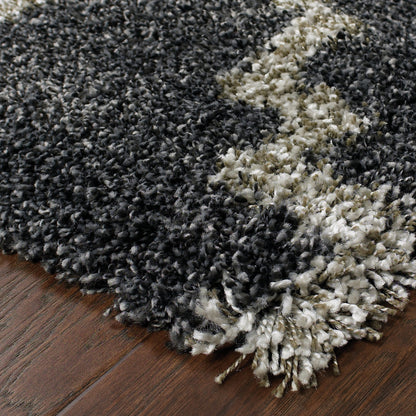 2' X 8' Charcoal And Grey Geometric Shag Power Loom Stain Resistant Runner Rug