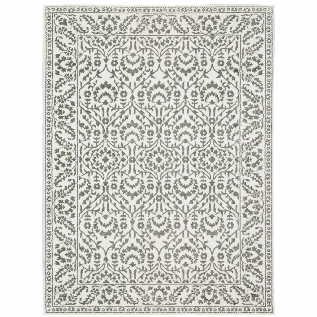 3' X 5' Grey And White Floral Power Loom Stain Resistant Area Rug