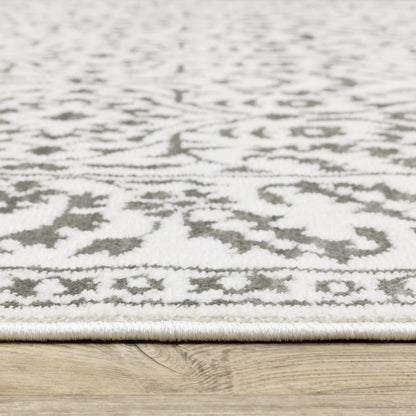 3' X 5' Grey And White Floral Power Loom Stain Resistant Area Rug