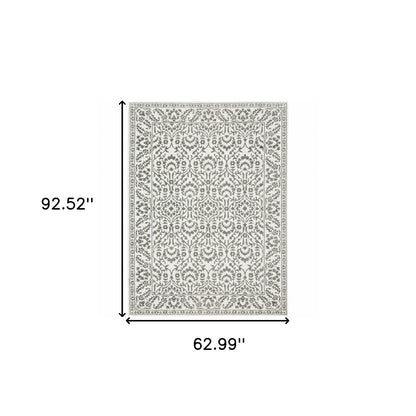 5' X 8' Grey And White Floral Power Loom Stain Resistant Area Rug