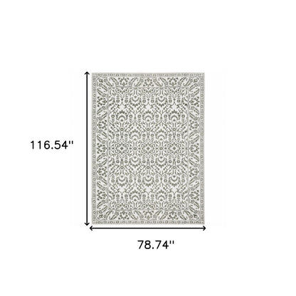6' X 9' Grey And White Floral Power Loom Stain Resistant Area Rug