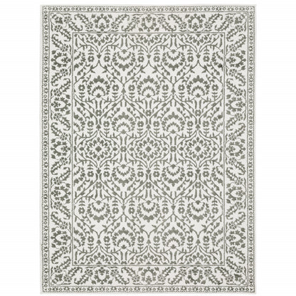 10' X 13' Grey And White Floral Power Loom Stain Resistant Area Rug