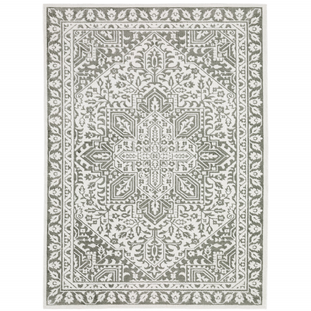 3' X 5' Grey And White Oriental Power Loom Stain Resistant Area Rug