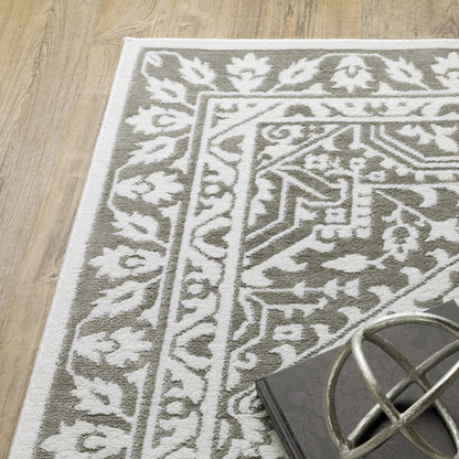 3' X 5' Grey And White Oriental Power Loom Stain Resistant Area Rug