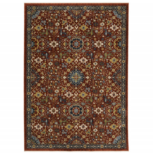 3' X 5' Red Blue Gold And Ivory Oriental Power Loom Stain Resistant Area Rug With Fringe - 95.0" (L) x 118.0" (W) x 0.27" (H)