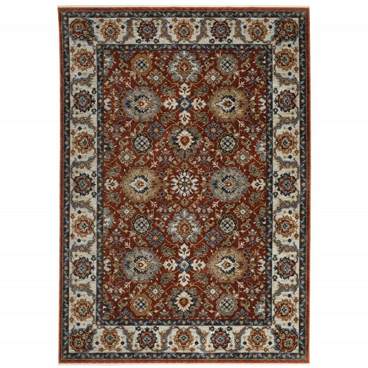 3' X 5' Red Blue Ivory Gold And Navy Oriental Power Loom Stain Resistant Area Rug With Fringe - 93.0" (L) x 117.0" (W) x 0.38" (H)