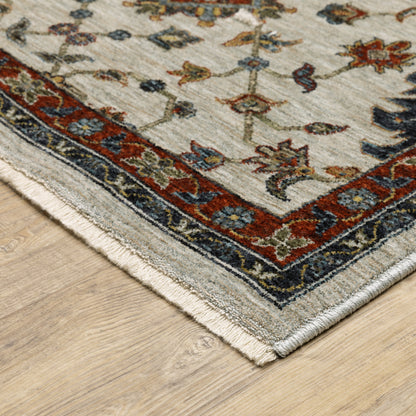 3' X 5' Beige Rust Red Blue Gold And Grey Oriental Power Loom Stain Resistant Area Rug With Fringe