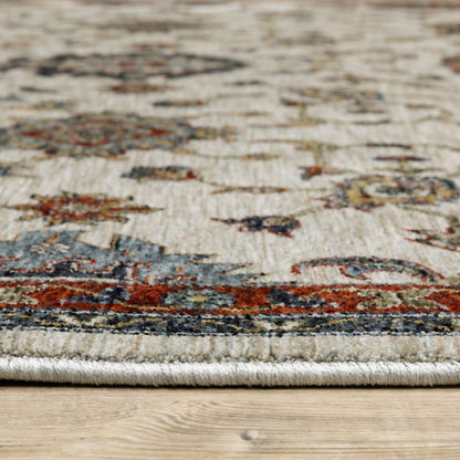 3' X 5' Beige Rust Red Blue Gold And Grey Oriental Power Loom Stain Resistant Area Rug With Fringe