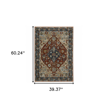 3' X 5' Blue Beige Tan Brown Gold And Rust Red Oriental Power Loom Stain Resistant Area Rug With Fringe