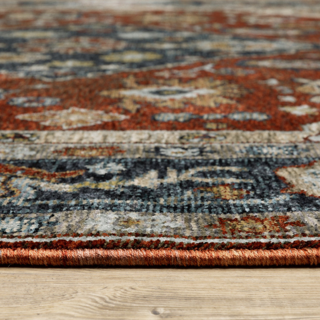 3' X 5' Blue Beige Tan Brown Gold And Rust Red Oriental Power Loom Stain Resistant Area Rug With Fringe