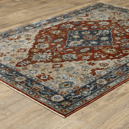 3' X 5' Blue Beige Tan Brown Gold And Rust Red Oriental Power Loom Stain Resistant Area Rug With Fringe