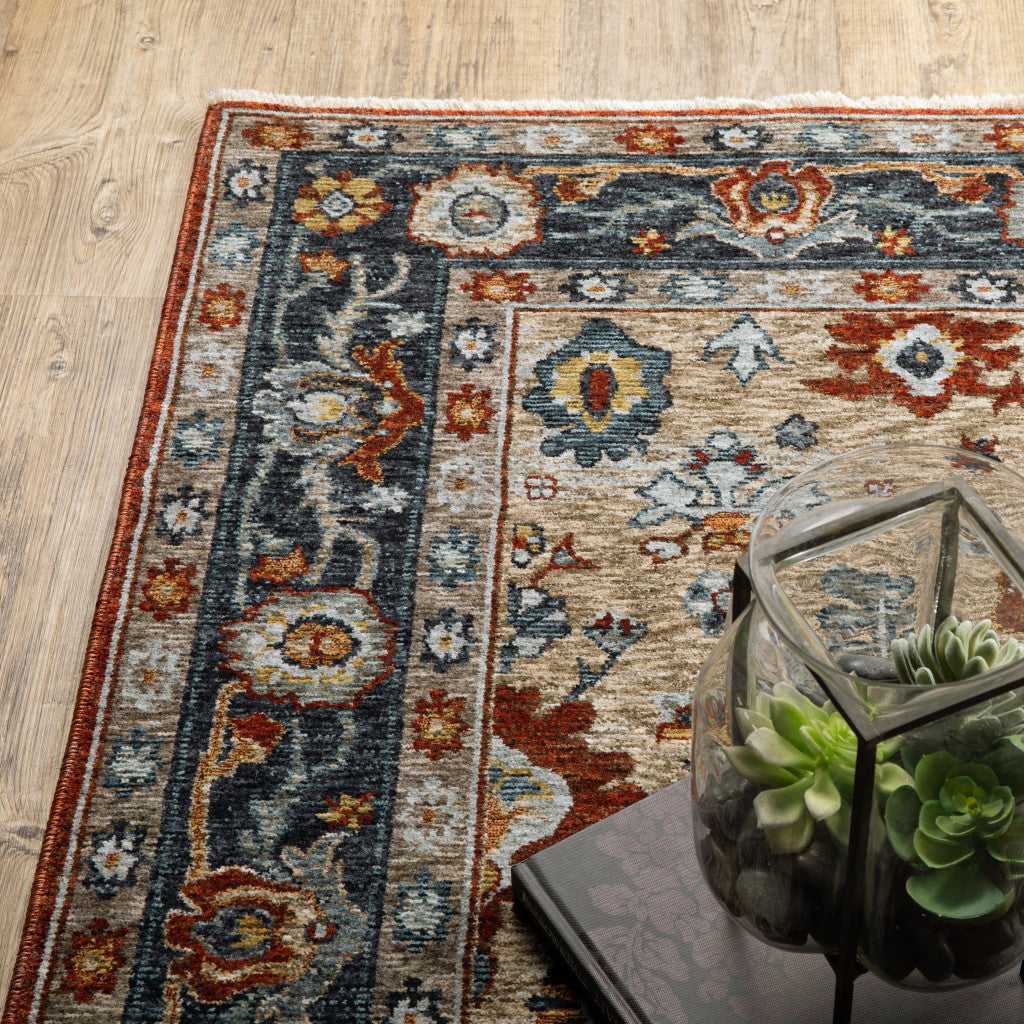 3' X 5' Blue Beige Tan Brown Gold And Rust Red Oriental Power Loom Stain Resistant Area Rug With Fringe