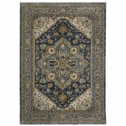 2' X 3' Blue Taupe Grey Green Rust Tan Beige And Gold Oriental Power Loom Stain Resistant Area Rug With Fringe - 47.24" (L) x 47.24" (W) x 0.75" (H)