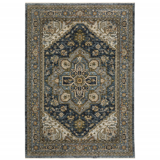 2' X 3' Blue Taupe Grey Green Rust Tan Beige And Gold Oriental Power Loom Stain Resistant Area Rug With Fringe - 47.24" (L) x 47.24" (W) x 0.75" (H)