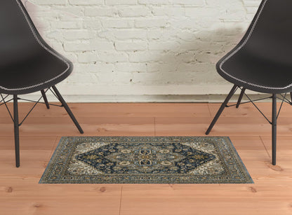 2' X 3' Blue Taupe Grey Green Rust Tan Beige And Gold Oriental Power Loom Stain Resistant Area Rug With Fringe - 47.24" (L) x 47.24" (W) x 0.75" (H)