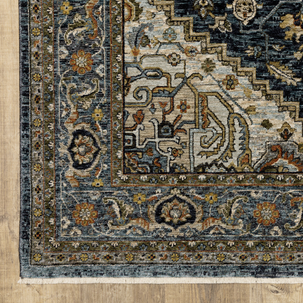 2' X 3' Blue Taupe Grey Green Rust Tan Beige And Gold Oriental Power Loom Stain Resistant Area Rug With Fringe - 47.24" (L) x 47.24" (W) x 0.75" (H)